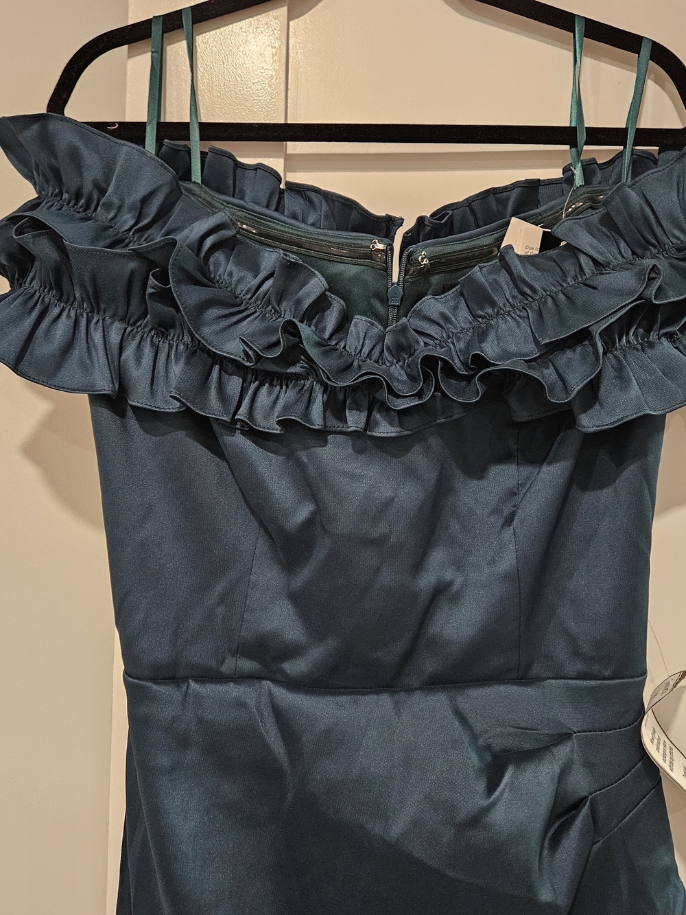 Xscape Teal Ruffled Off-Shoulder Satin Maxi Gown - Picture 5 of 9